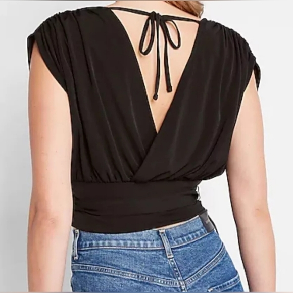 Express Smooth Matte Draped Front Tie Waist, Split Open Back Top, Lime Size XS - Picture 10 of 10